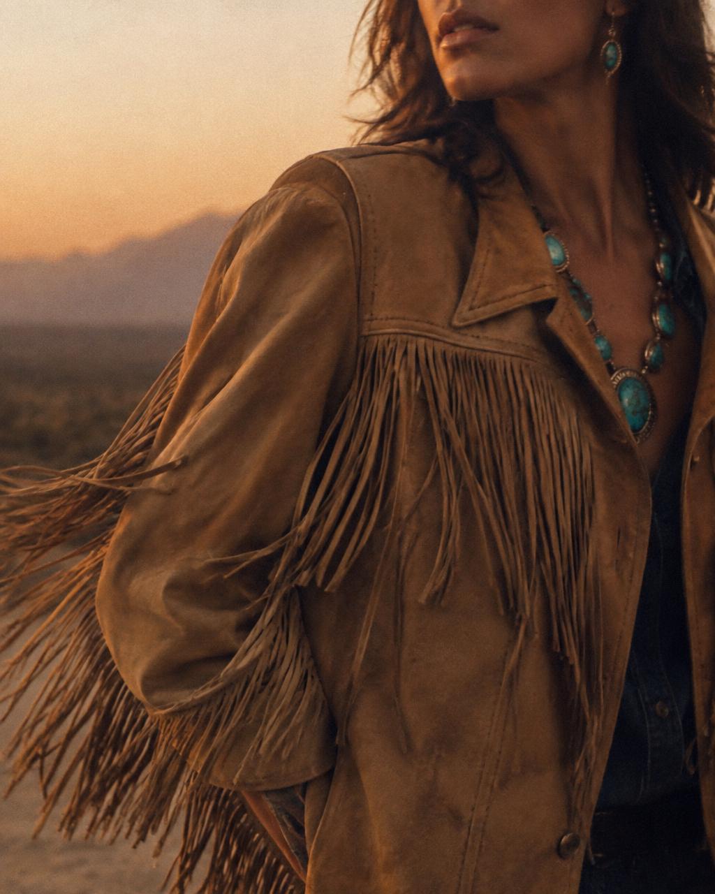 Woman in a vintage tan suede fringe jacket at dusk
