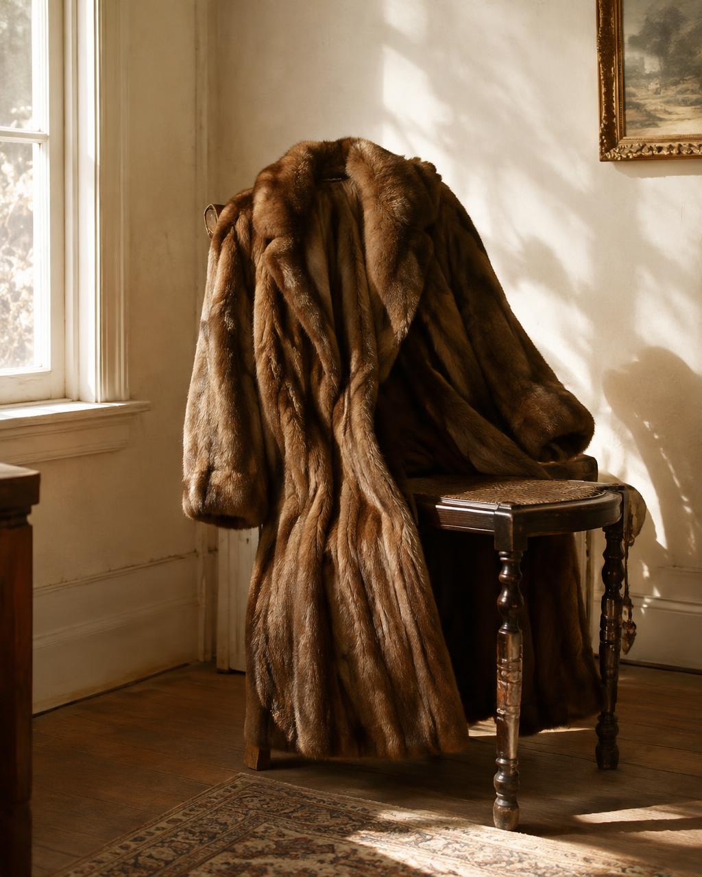 Vintage full-length natural mink fur coat on an antique chair