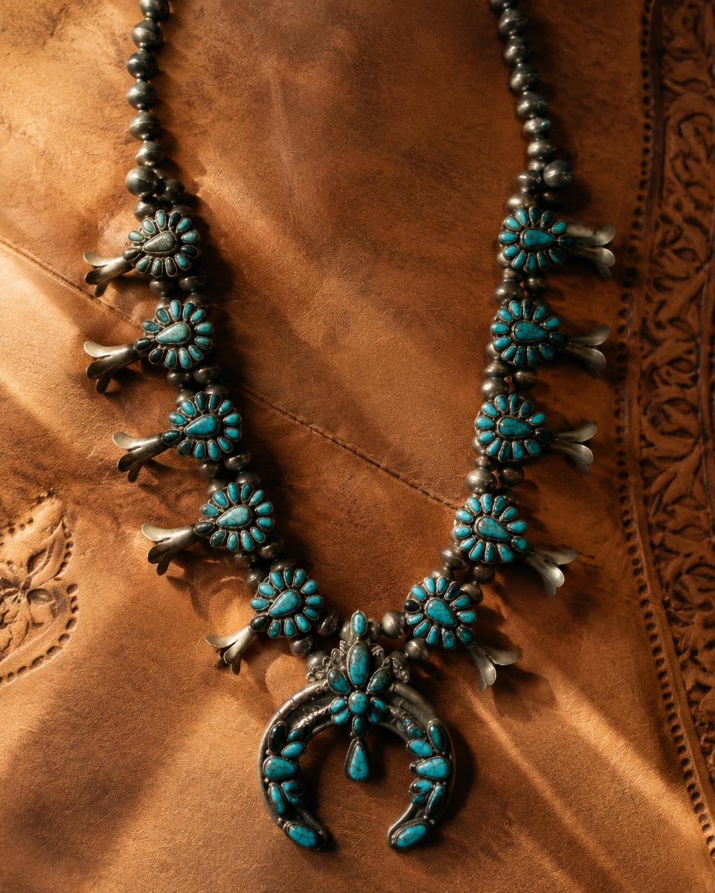 Vintage Navajo turquoise squash blossom necklace on tooled leather