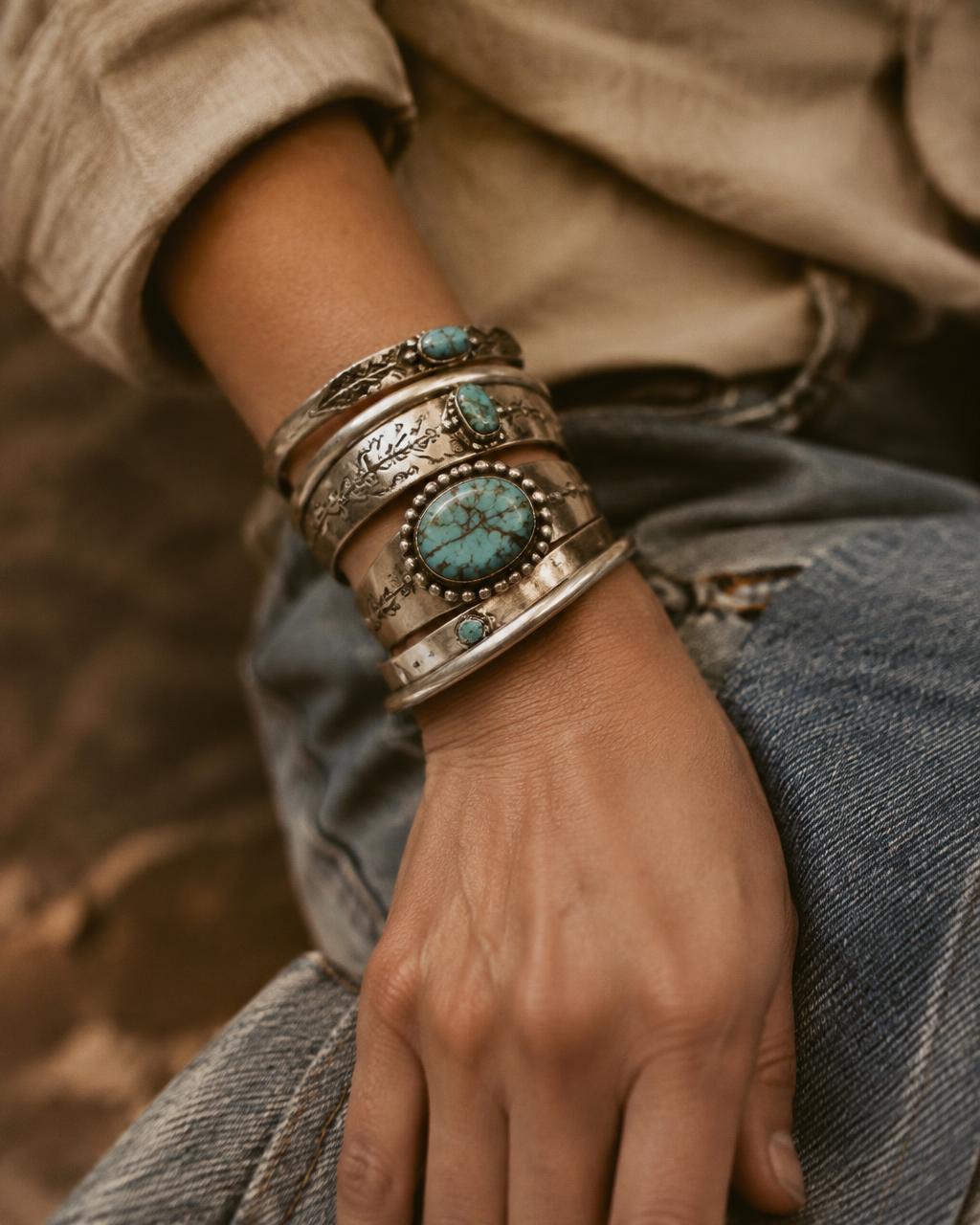 Stacked vintage sterling and turquoise cuffs on a wrist