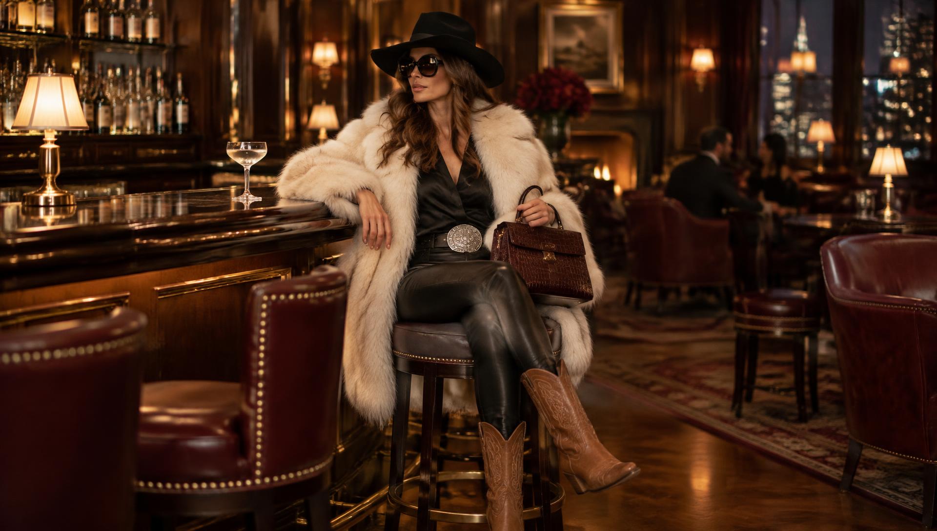 Woman in a white fur coat, black leather trousers and cowboy boots seated at an elegant Dallas hotel bar